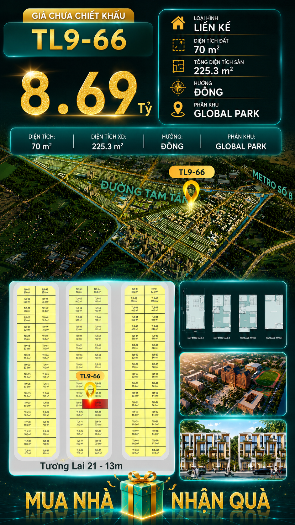 Nhà phố Vinhomes Sài Gòn Park TL9-66 PK Global Park giá 8.69 tỷ