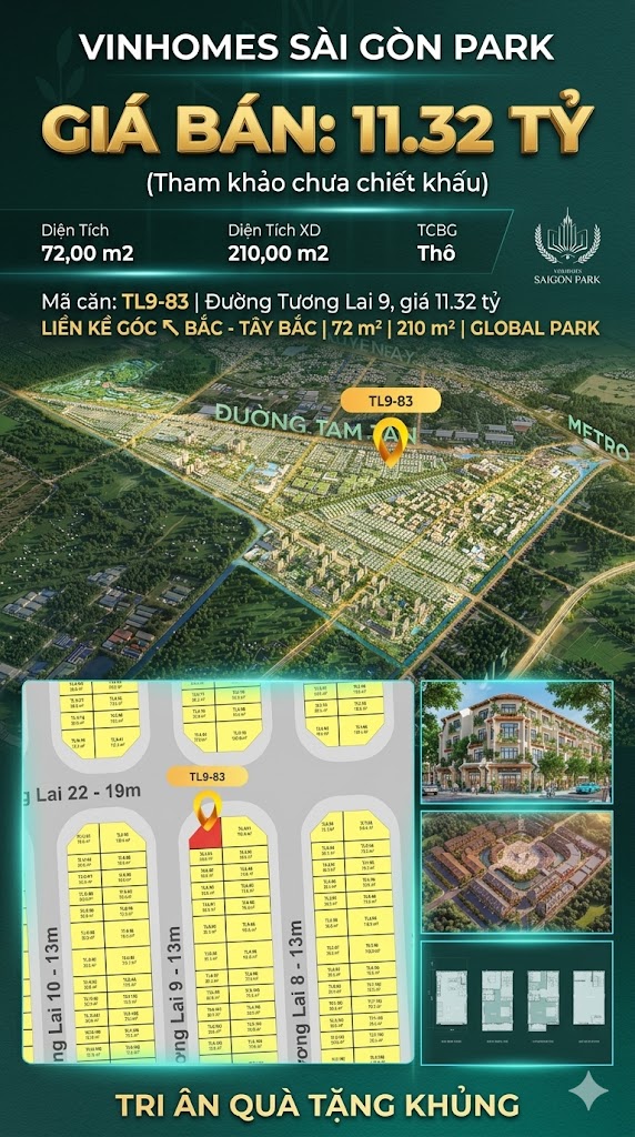 Nhà phố liền kề góc TL9-83 GLOBAL PARK Vinhomes Sài Gòn Park Giá 11.32 Tỷ
