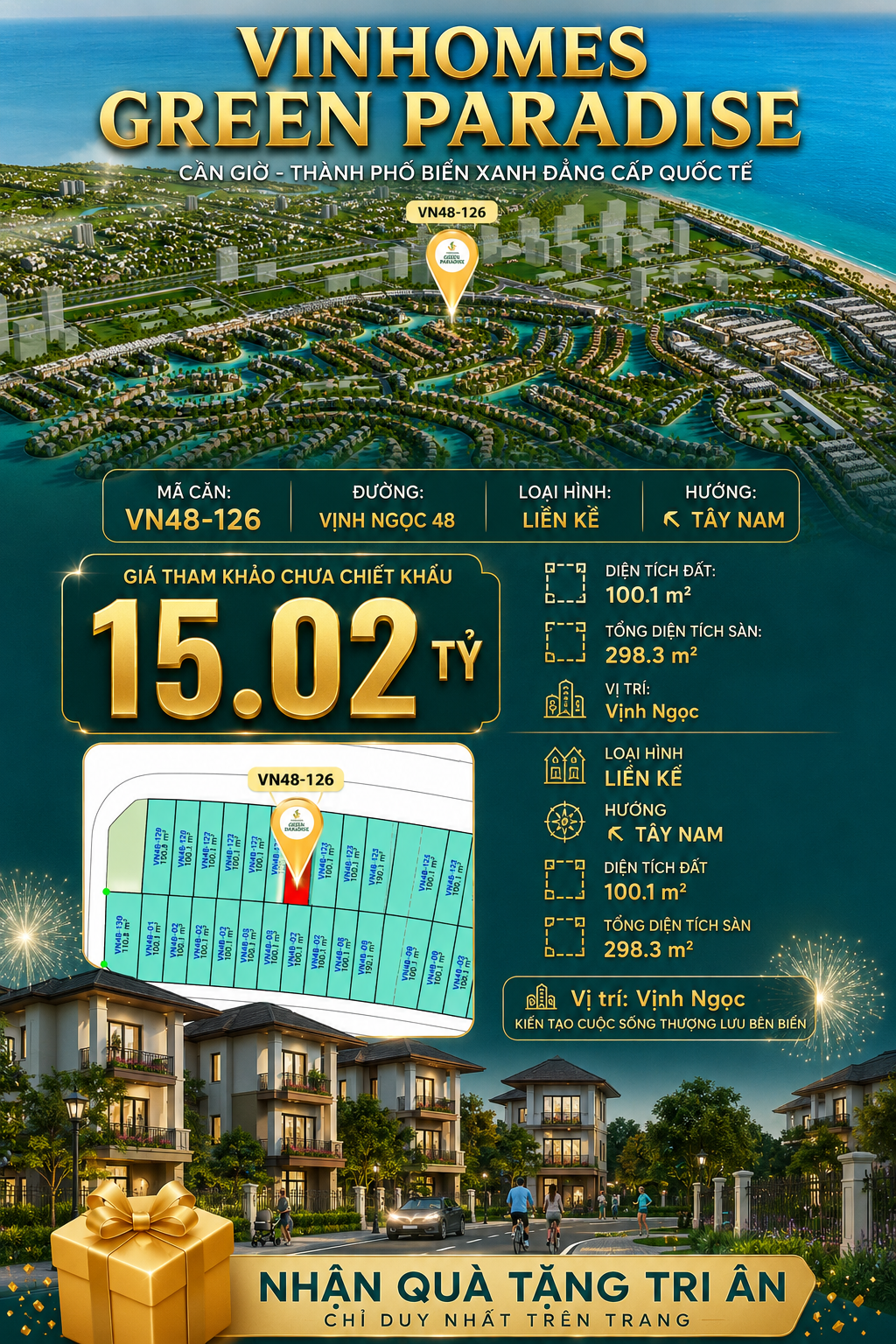 Nhà liên kề VN48-126 - phân khu vịnh ngọc DTXD 298.3m² giá 15.02 tỷ
