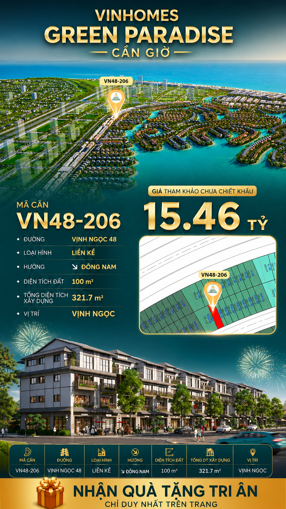 Nhà liên kề VN48-206 - phân khu vịnh ngọc DTXD 321.7m² giá 15.46 tỷ