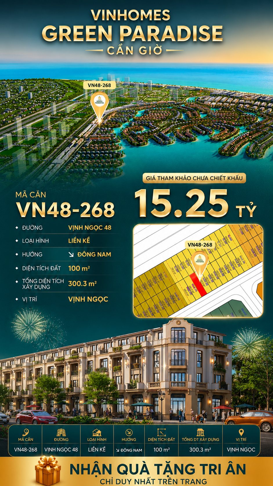 Nhà liên kề VN48-268 - phân khu vịnh ngọc DTXD 300.3m² giá 15.25 tỷ