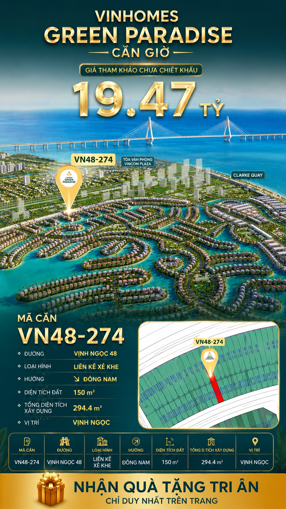 Nhà liên kề xẻ khe VN48-274 - phân khu vịnh ngọc DTXD 294.4m² giá 19.47 tỷ