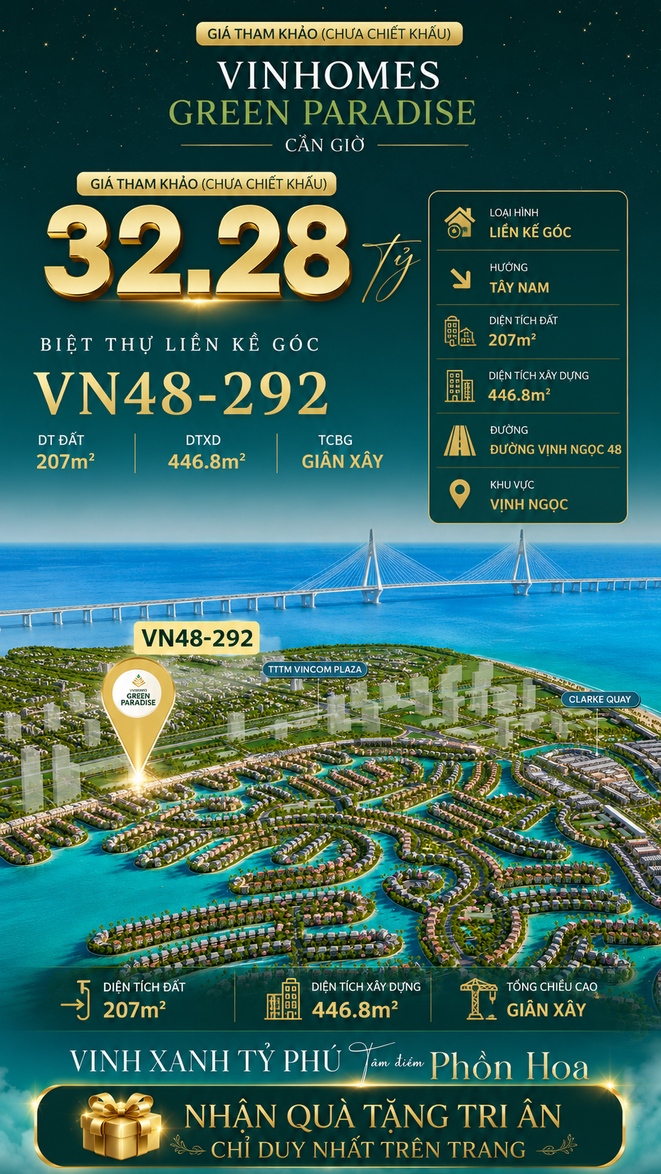 Nhà phố liền kề góc VN48-292 - phân khu vịnh ngọc DTXD 446.8m² giá 32.28 tỷ