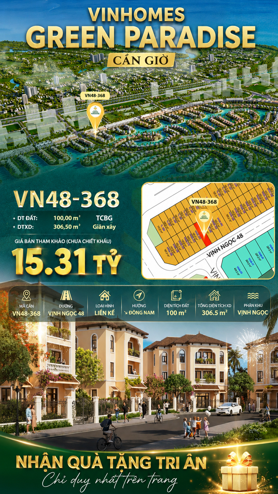 Nhà phố liền kề VN48-368 - phân khu vịnh ngọc DTXD 306.5m² giá 15.31 tỷ