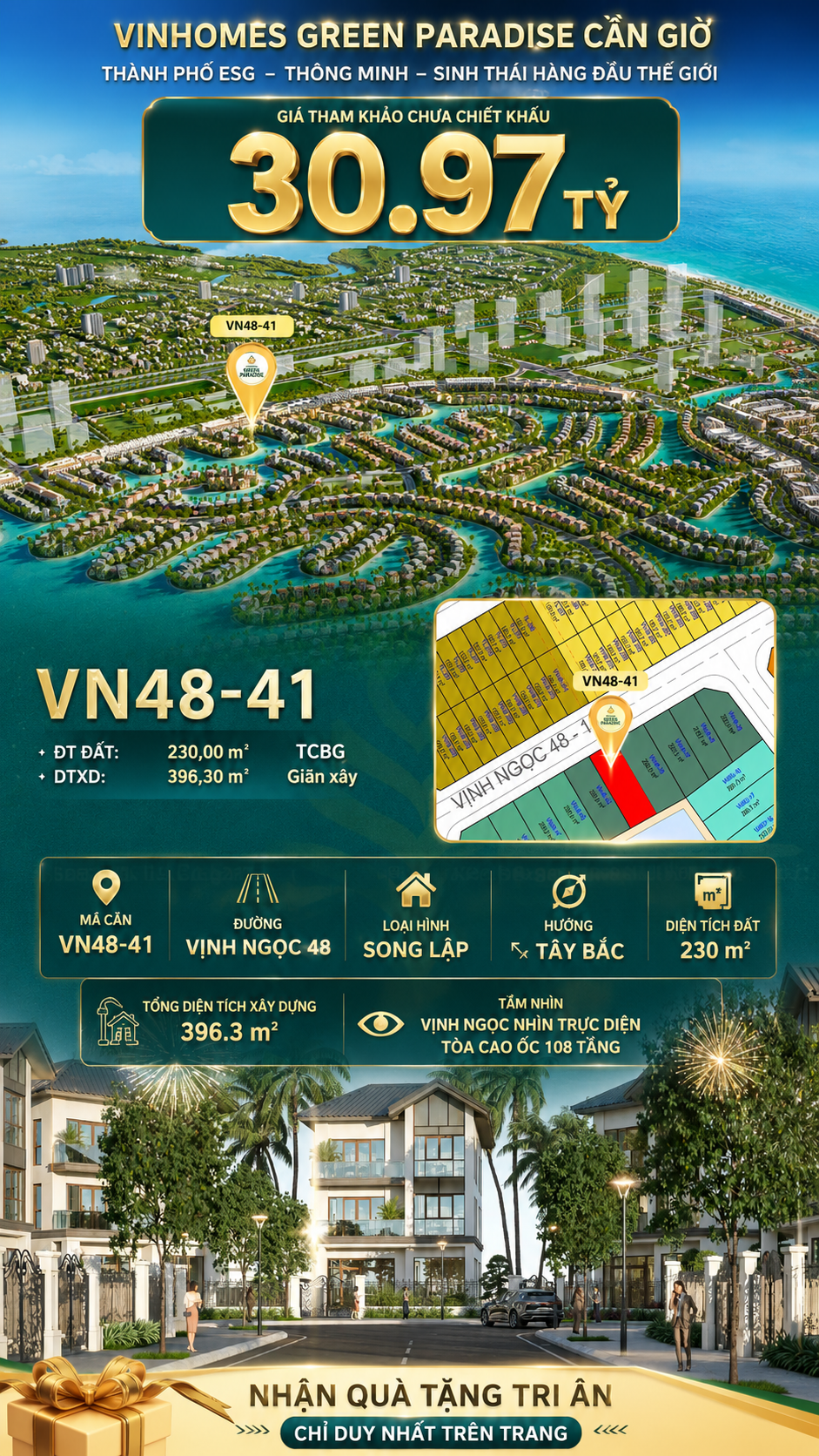 Nhà song lập VN48-41 - phân khu vịnh ngọc DTXD 396.3m² giá 30.97 tỷ