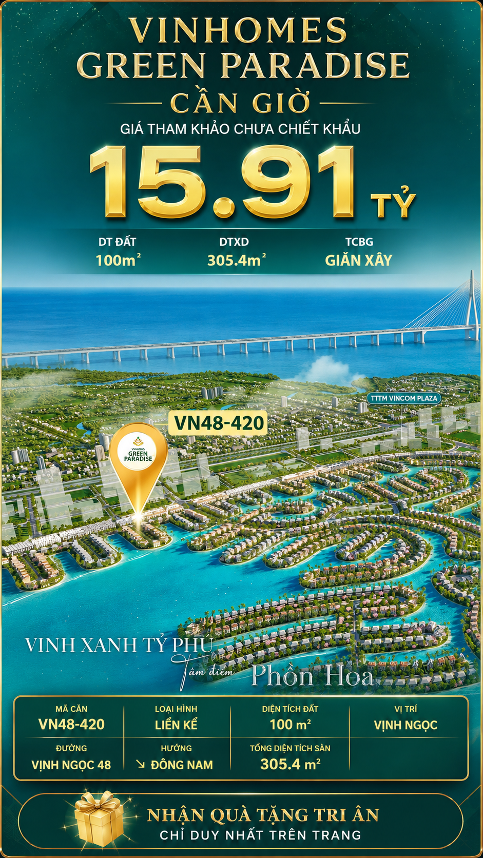 Nhà phố liền kề VN48-420 - phân khu vịnh ngọc DTXD 305.4m² giá 15.91 tỷ