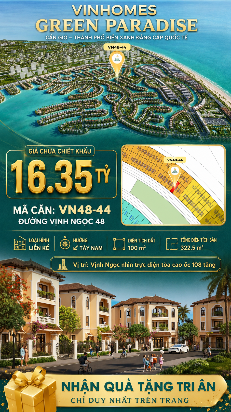Nhà liên kề VN48-44 - phân khu vịnh ngọc DTXD 322.5m² giá 16.35 tỷ
