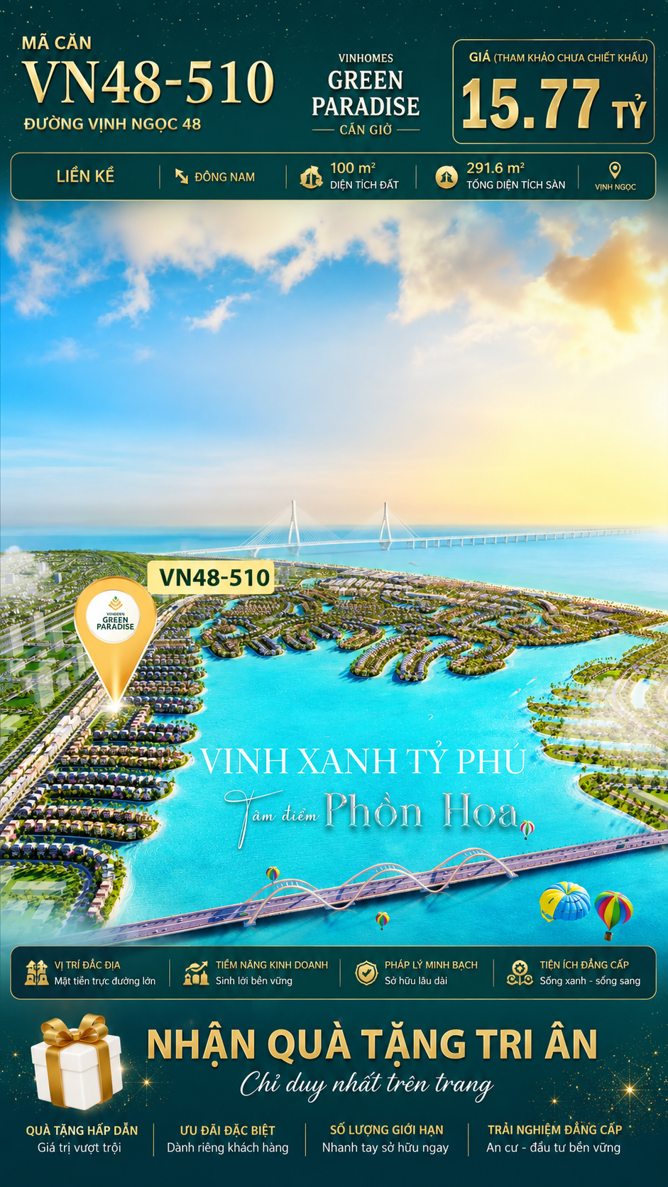 Nhà phố liền kề VN48-510 - phân khu vịnh ngọc DTXD 291.6m² giá 15.77 tỷ
