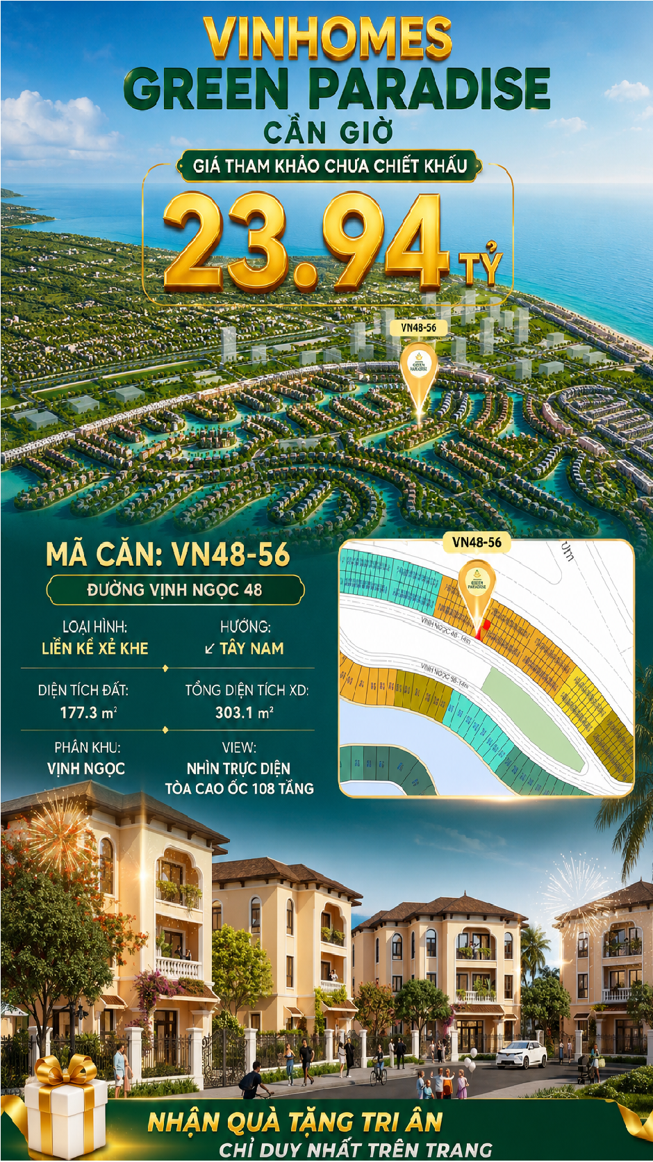 Nhà liên kề VN48-56 - phân khu vịnh ngọc DTXD 399.2m² giá 23.94 tỷ