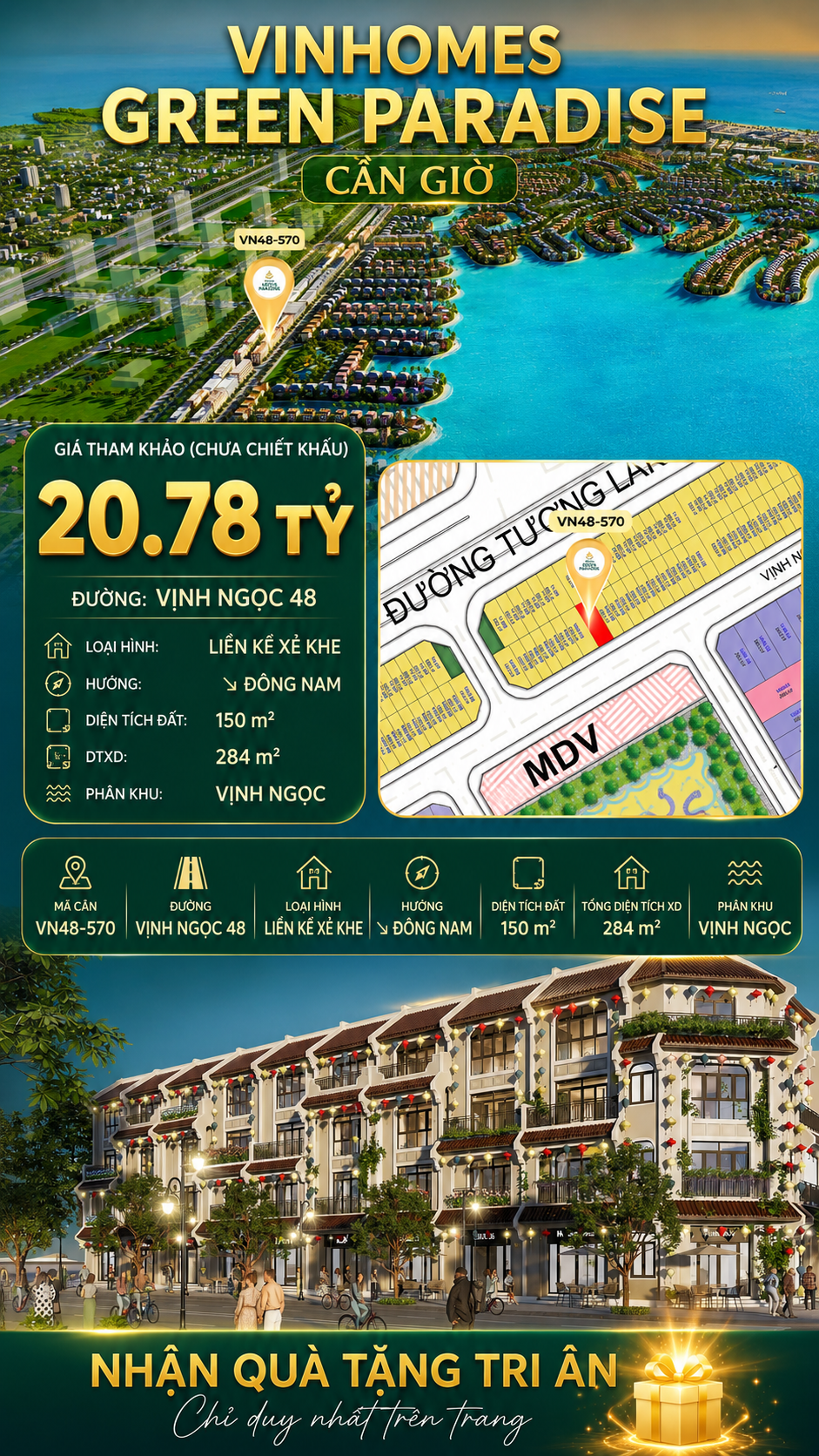 Nhà phố liền kề xẻ khe VN48-570 - phân khu vịnh ngọc DTXD 284m² giá 20.78 tỷ