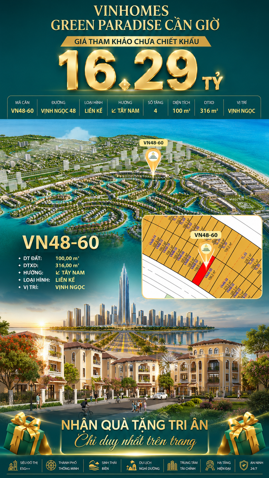 Nhà liên kề VN48-60 - phân khu vịnh ngọc DTXD 316m² giá 16.29 tỷ