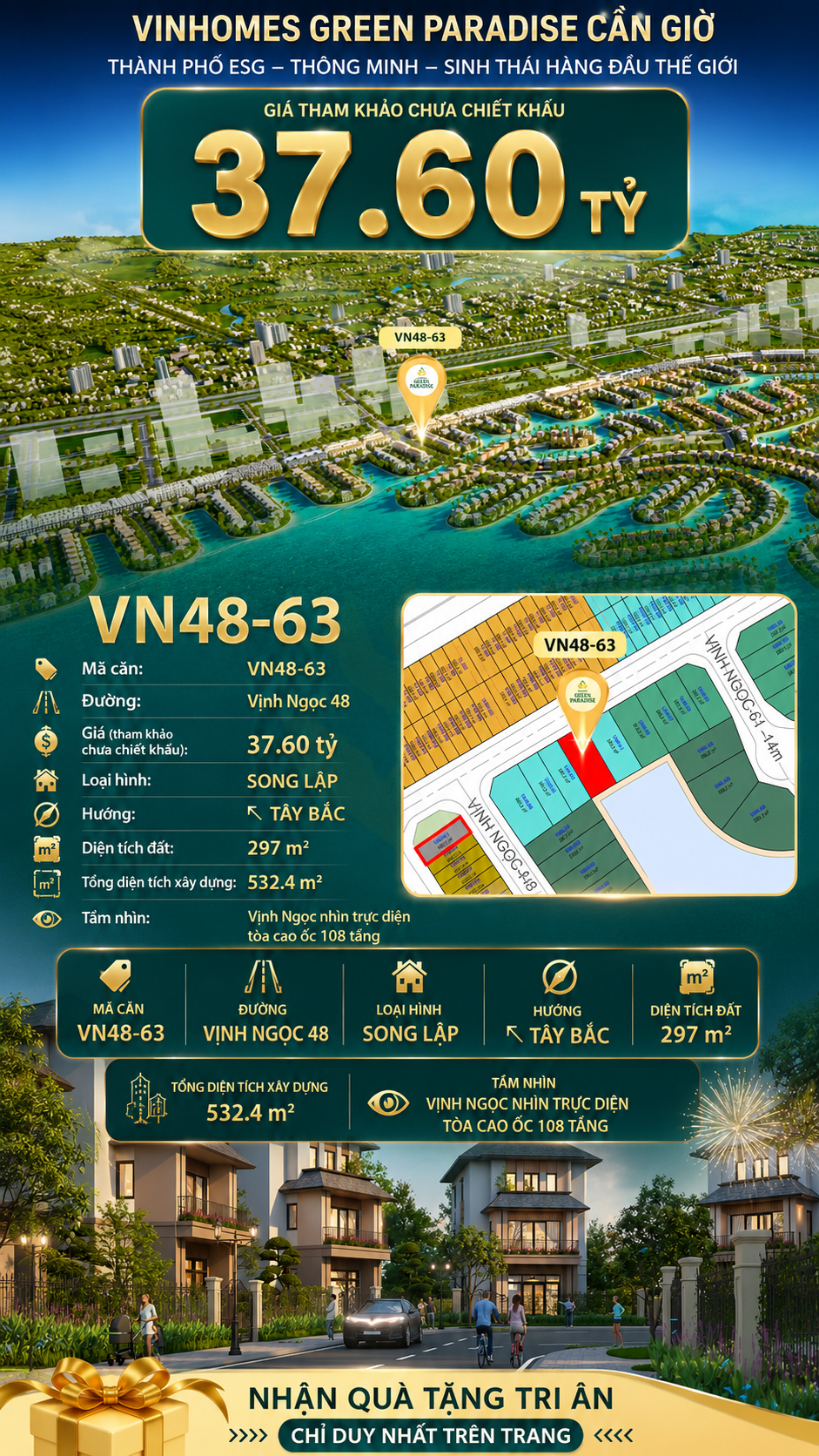 Biệt thự song lập VN48-63 - phân khu vịnh ngọc DTXD 532.4m² giá 37.6 tỷ