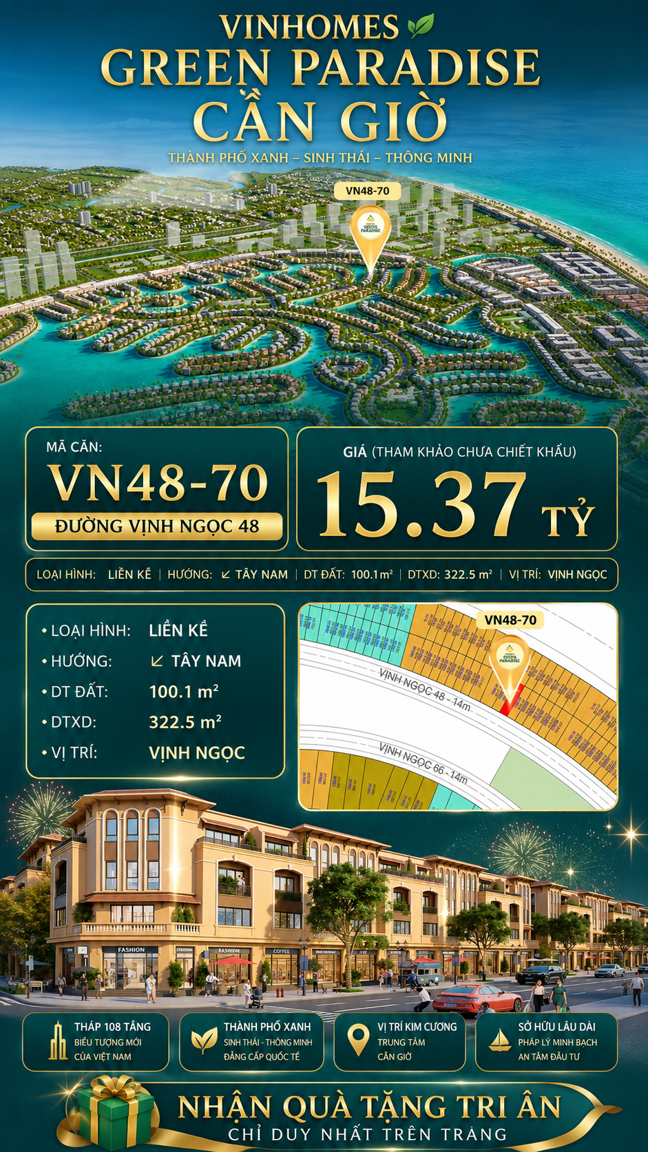 Nhà liên kề VN48-70 - phân khu vịnh ngọc DTXD 322.5m² giá 15.37 tỷ