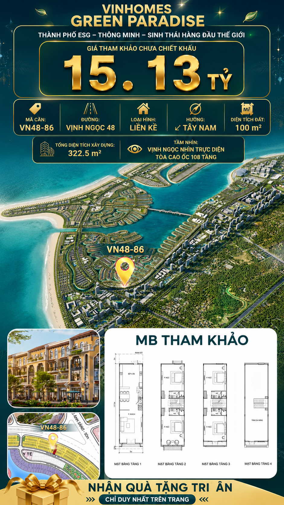 Nhà liên kề VN48-86 - phân khu vịnh ngọc DTXD 322.5m² giá 15.13 tỷ
